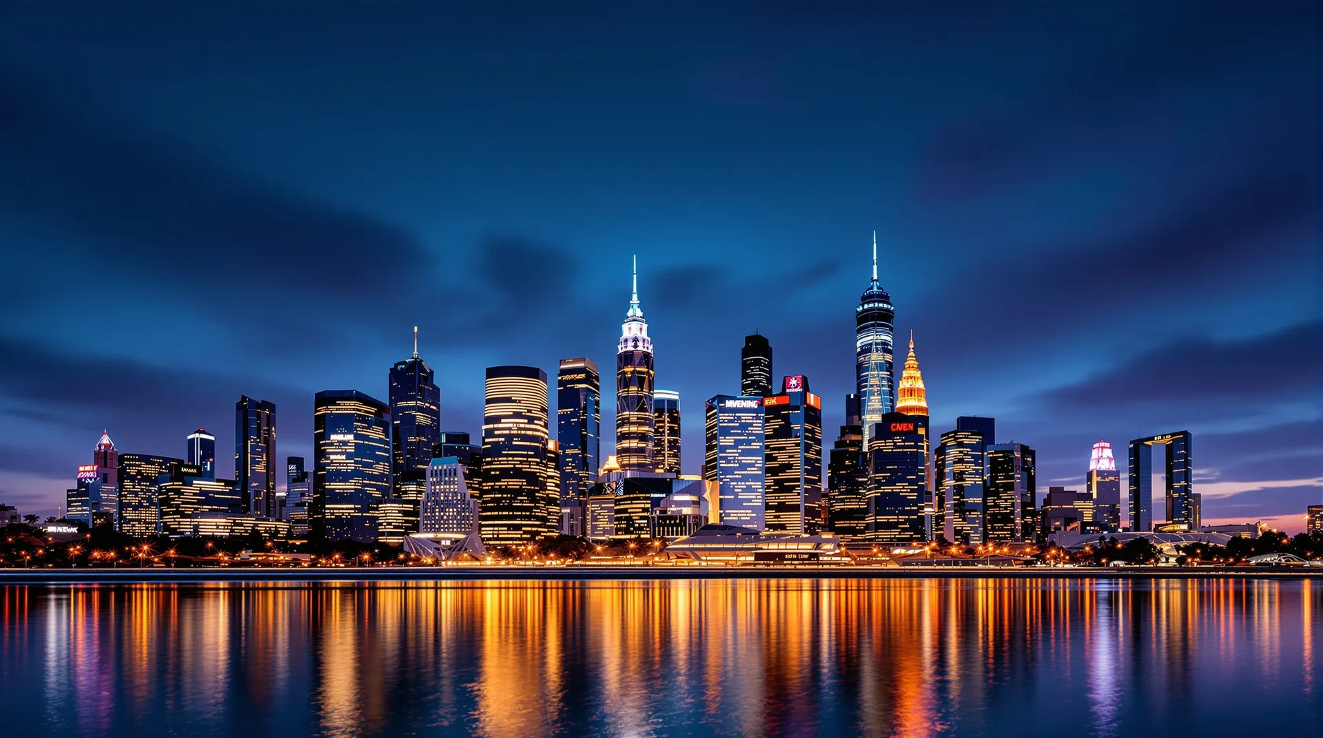 New York City skyline at twilight with illuminated skyscrapers reflecting on the Hudson River