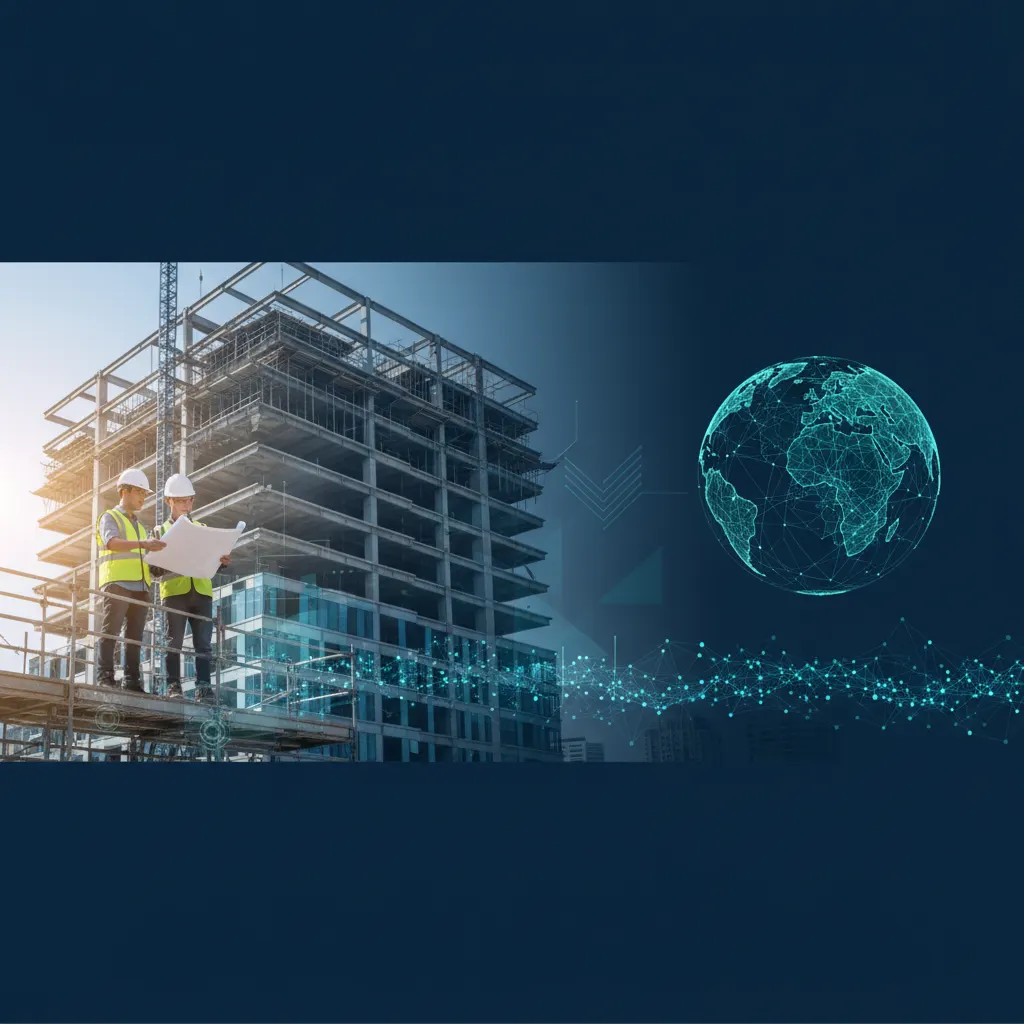 Construction in progress accounting - modern construction site with engineers reviewing blueprints