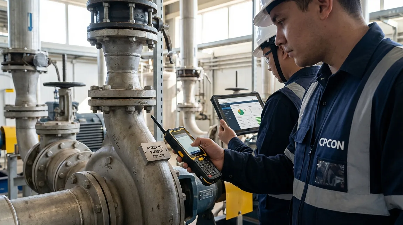 CPCON technician scanning industrial equipment with handheld RFID reader during plant CMMS asset verification