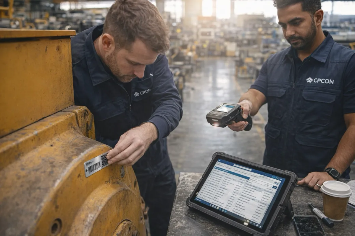 CPCON technicians in navy CPCON vests counting and applying barcode and RFID asset tags on industrial machinery during a count-and-tag fixed asset engagement