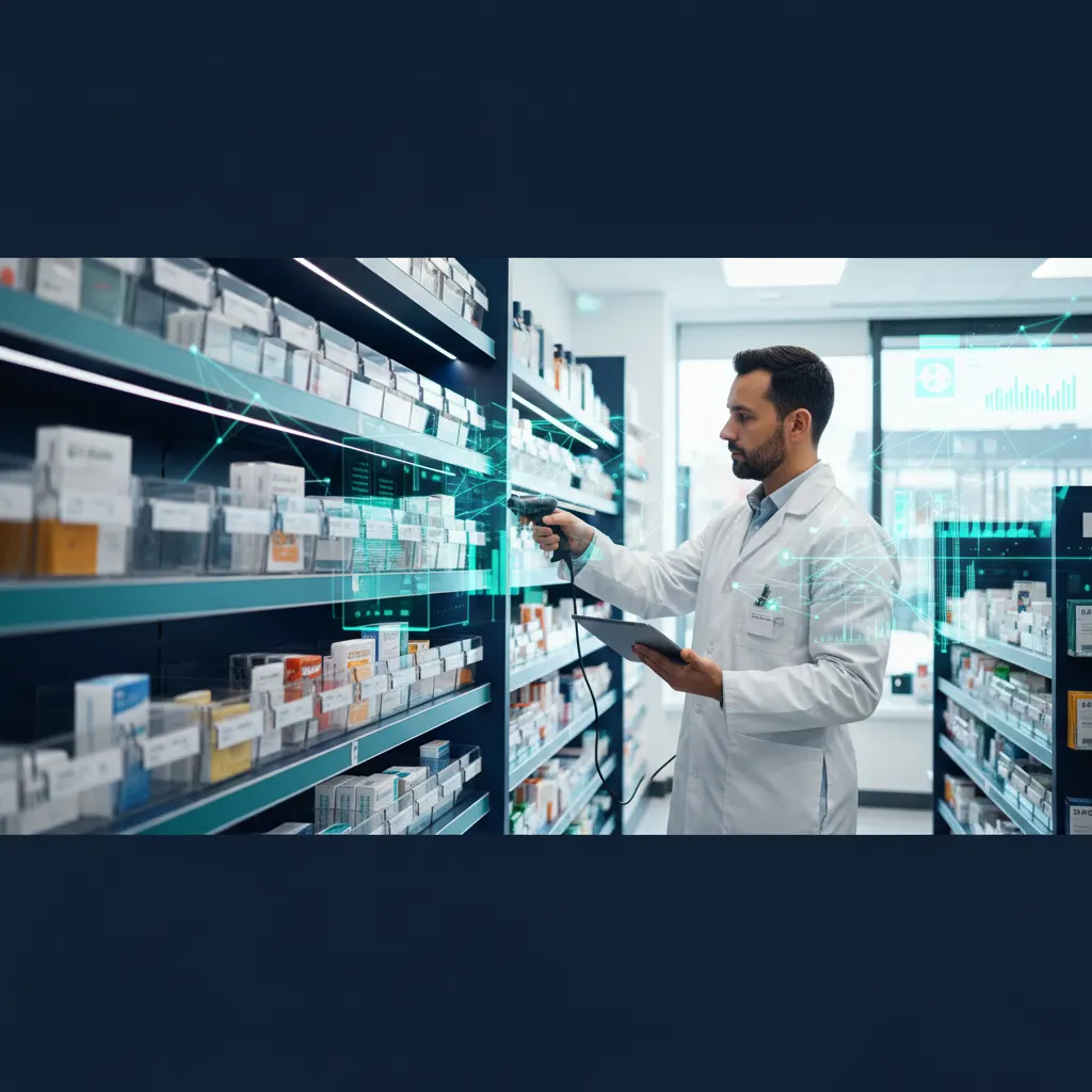 Pharmacy inventory management - pharmacist scanning medication inventory in modern pharmacy