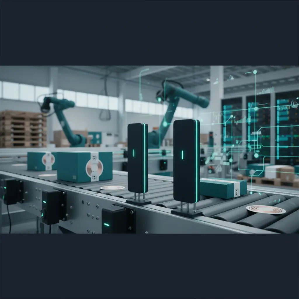 RFID technology explained - antenna readers and tags on industrial equipment