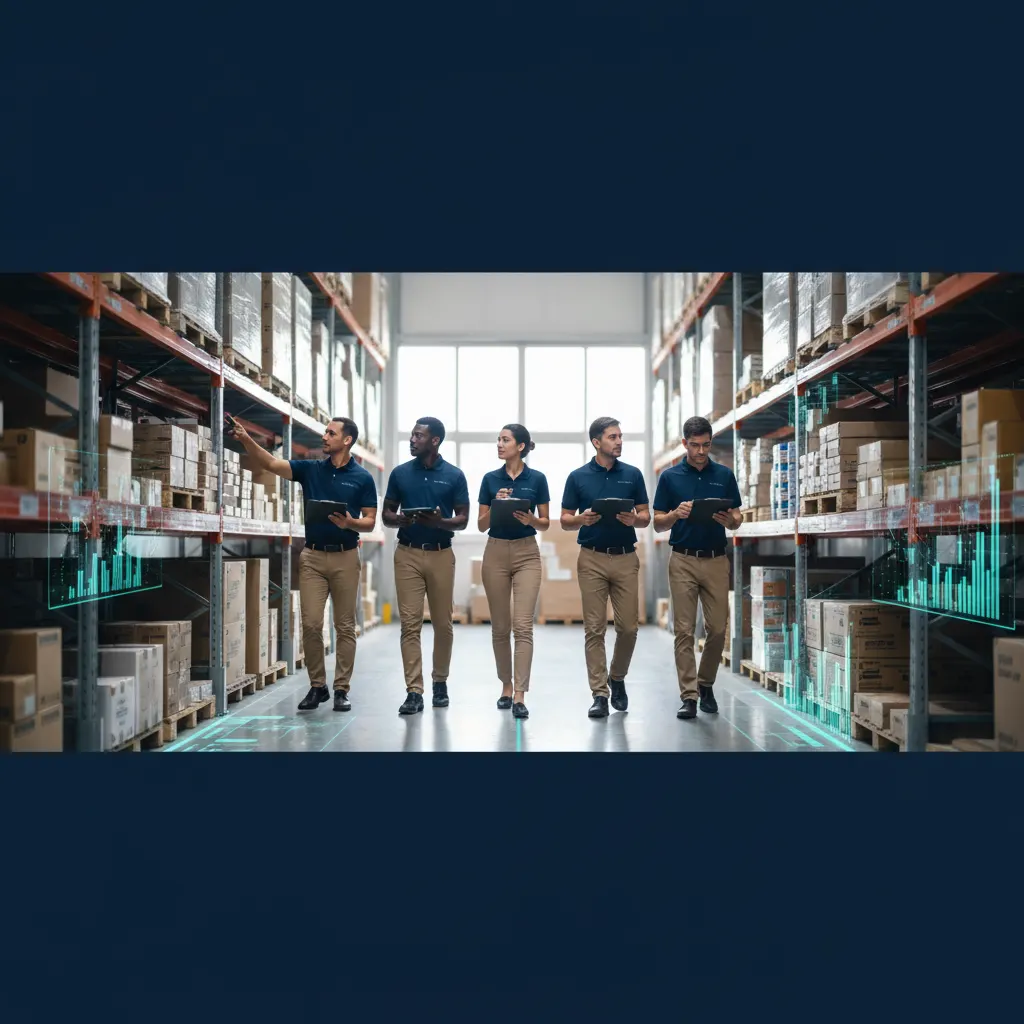 Warehouse inventory count procedures - counting team in racking aisles