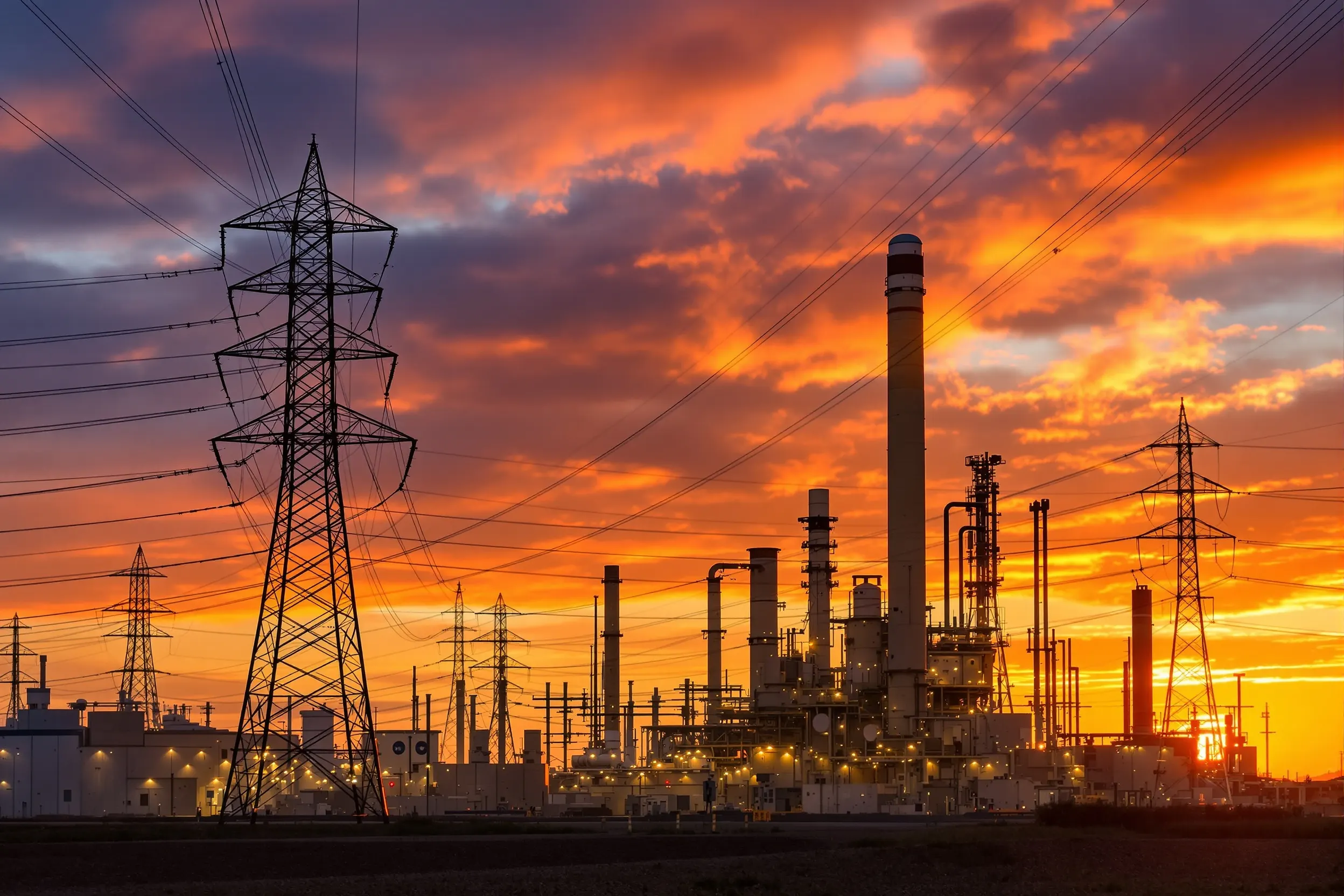Energy utility infrastructure with power transmission lines and generation equipment at sunset for FERC-compliant asset verification