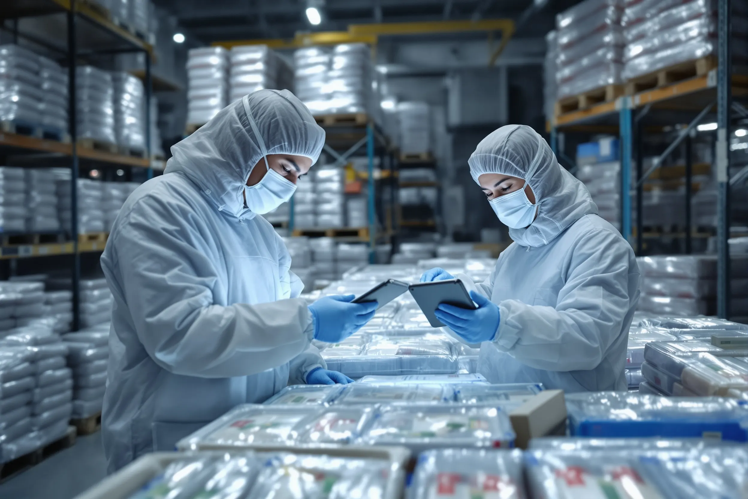 Cold storage facility inventory audit with workers in thermal protective gear counting frozen products using specialized cold-chain counting protocols