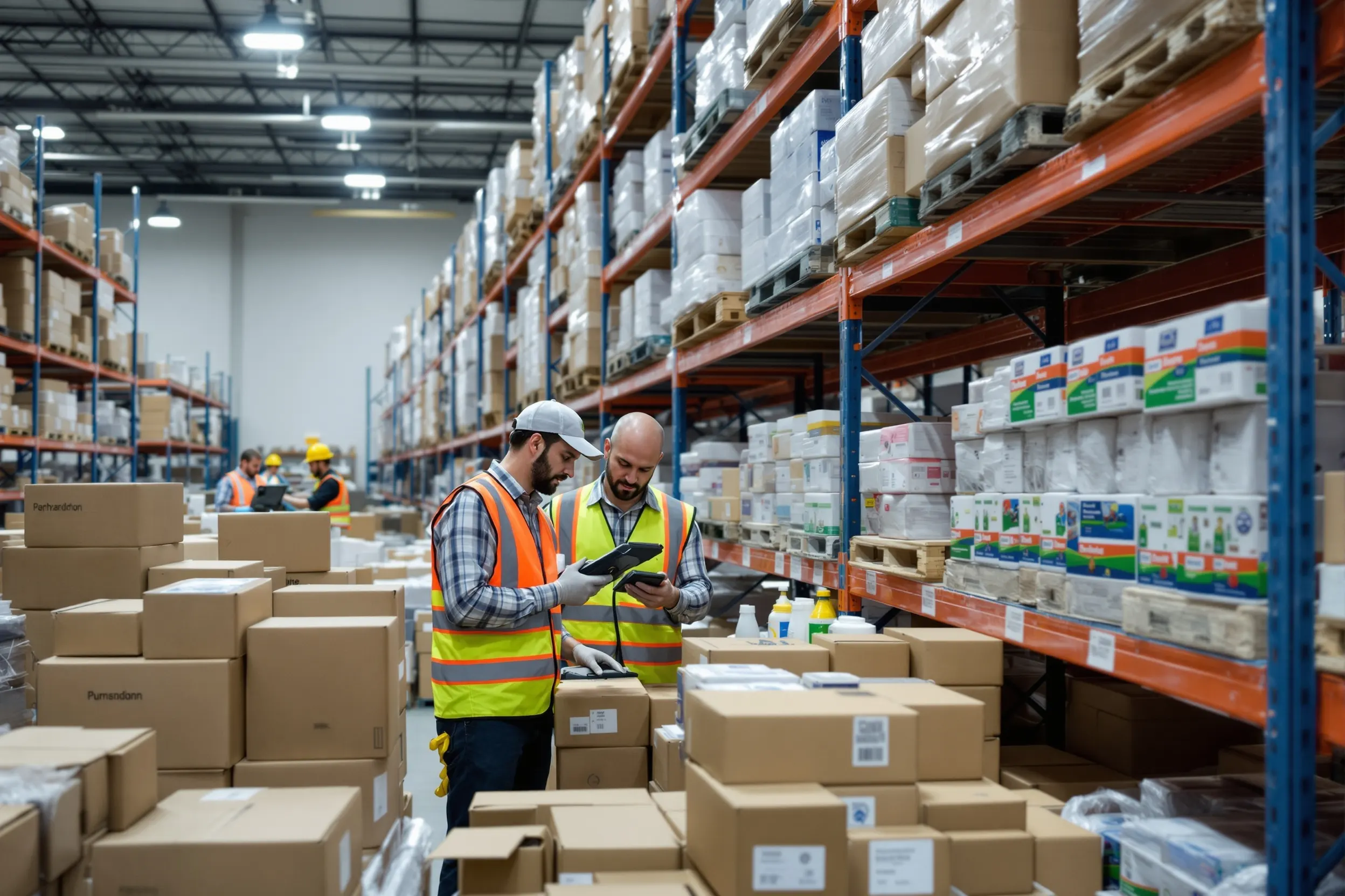 Pharmaceutical distribution center inventory audit with handheld scanners for lot tracking and expiration date verification on temperature-controlled shelving