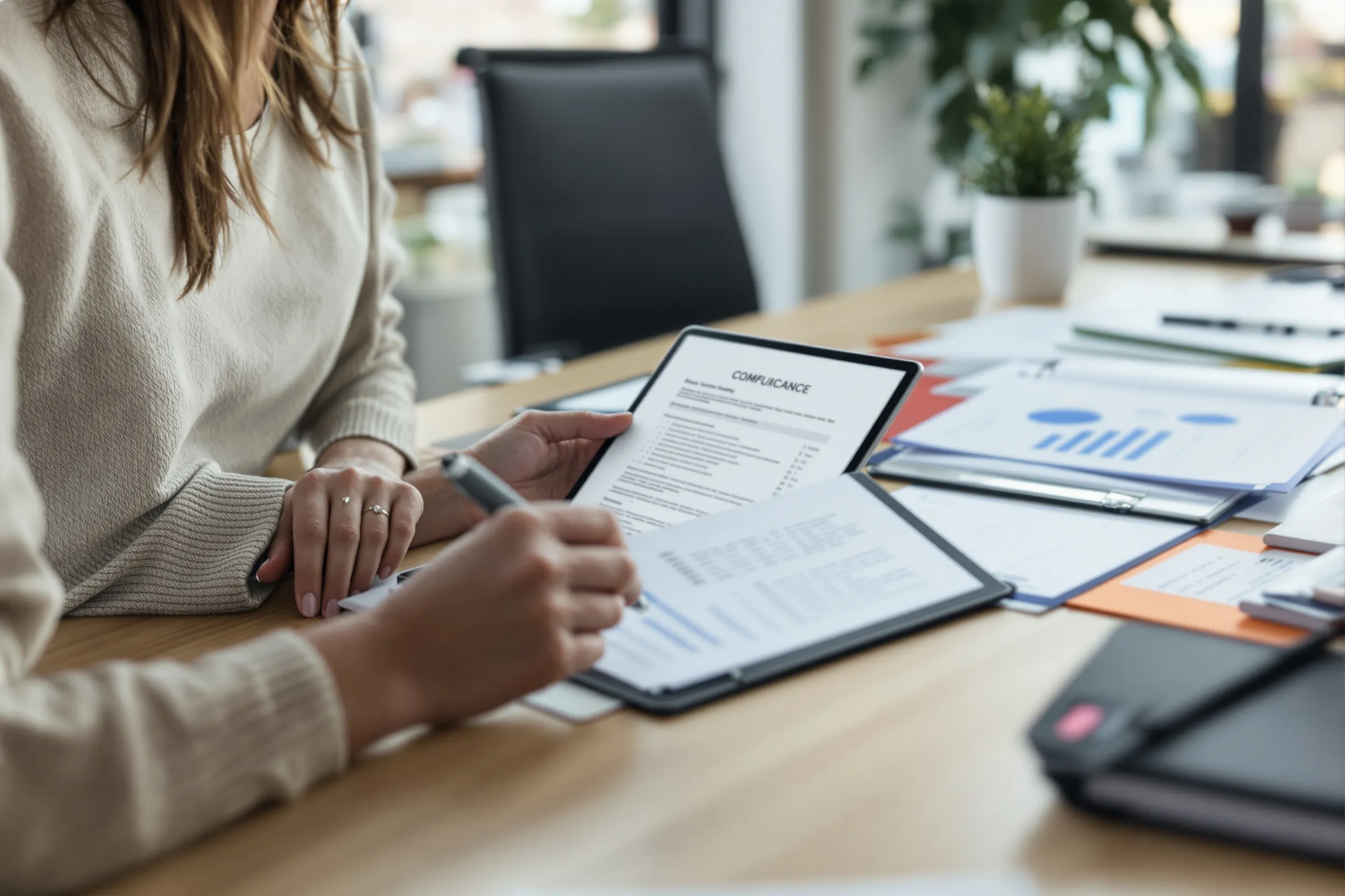 Business professional reviewing SOX compliance documents and financial audit paperwork for fixed asset internal controls