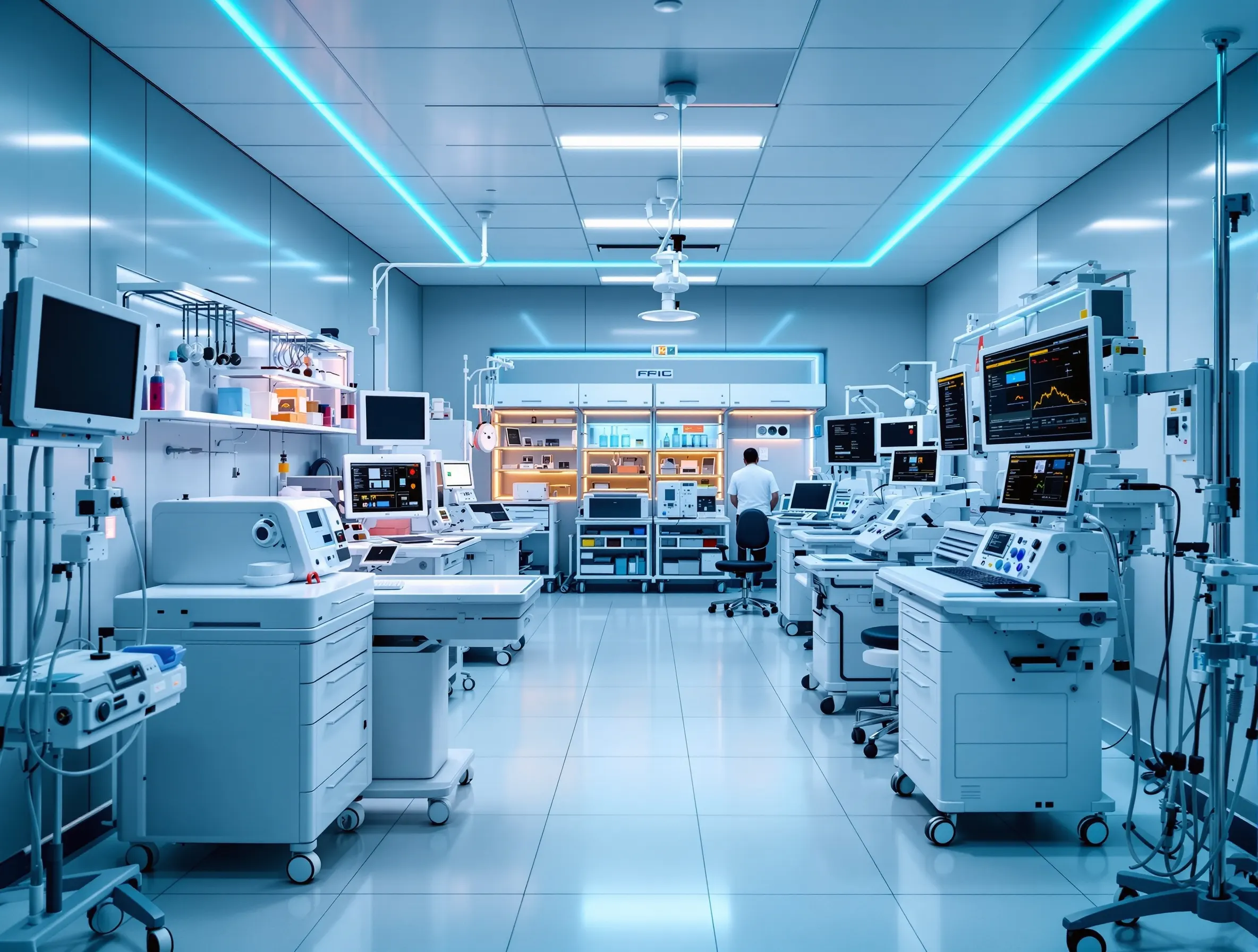 Hospital medical equipment room with RFID-tagged devices showing 99.8% asset accuracy achieved through CPCON fixed asset management