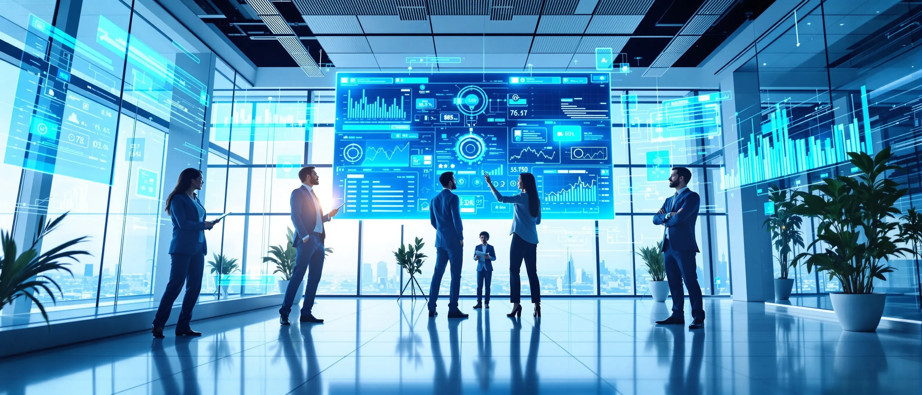 CPCON professionals analyzing asset management data and business intelligence in modern corporate office