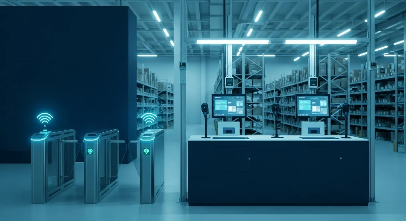 Enterprise warehouse comparing RFID and barcode tracking technology systems