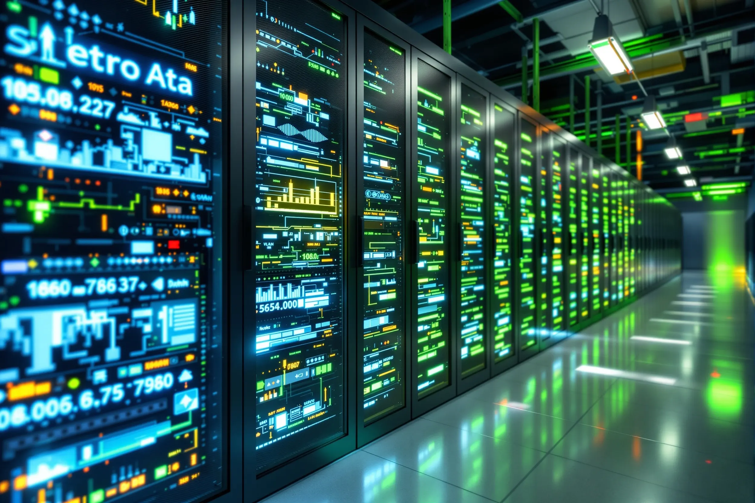 Technology data center with server racks and networking equipment for IT enterprise asset inventory and lifecycle management