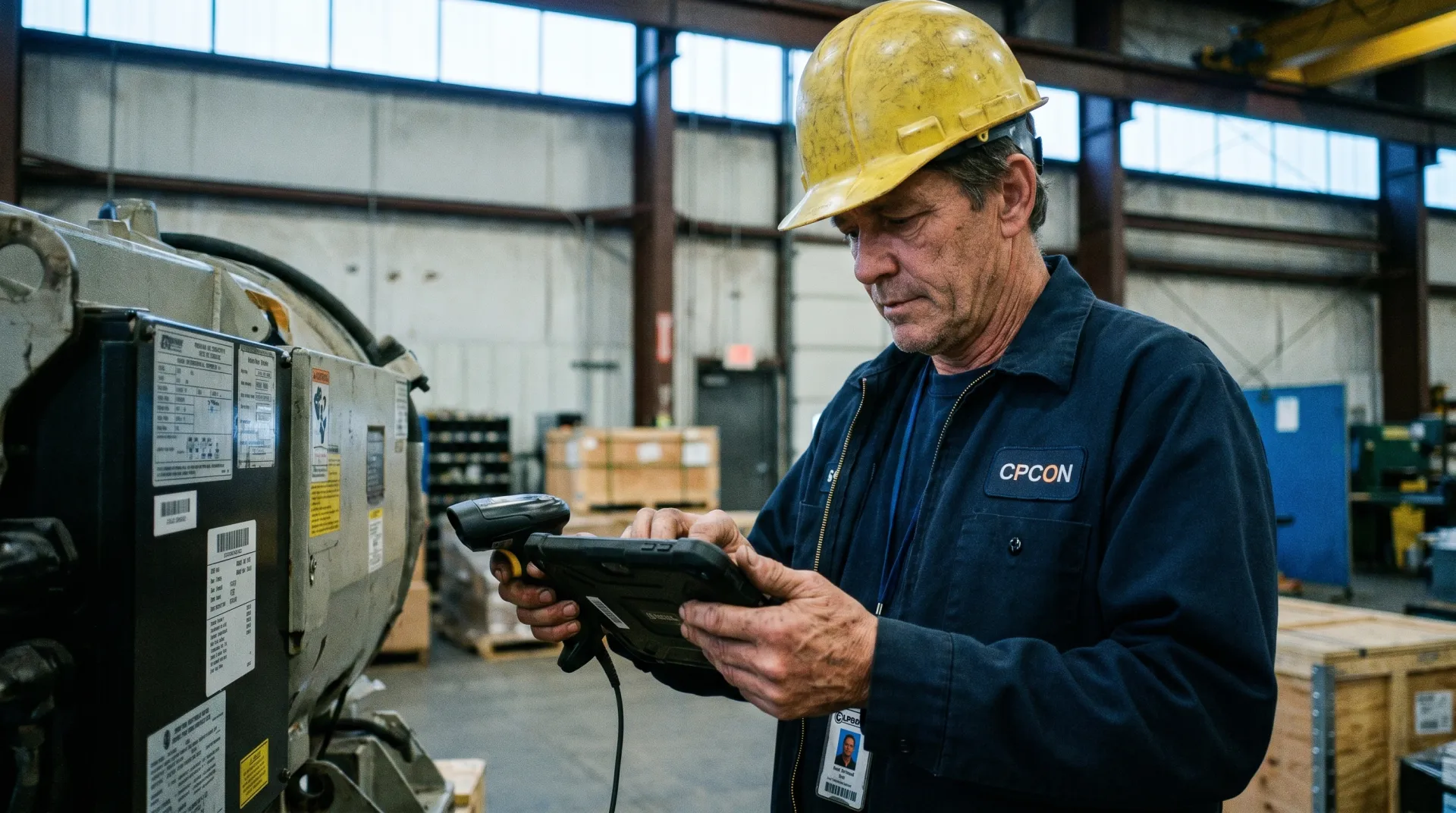 CPCON asset technician on-site capturing equipment nameplate and condition data on a rugged handheld