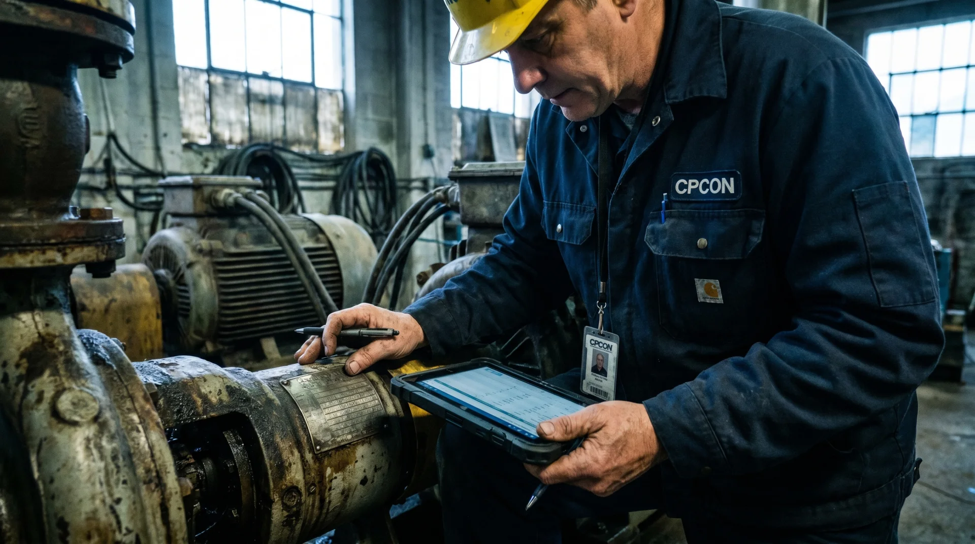 CPCON asset technician on-site inspecting critical industrial equipment and reading the nameplate