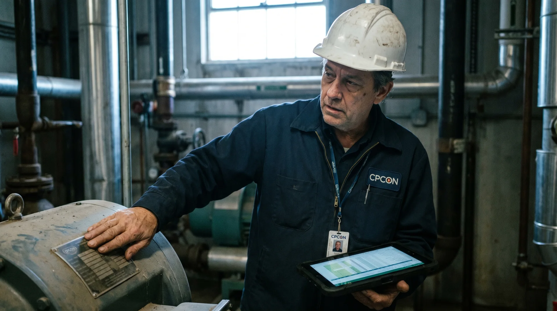 CPCON asset technician on-site validating equipment against the asset register on a tablet