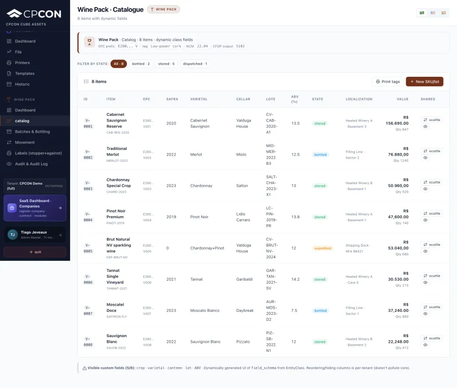 Wine bottle catalog with RFID inventory records in the CPCON platform